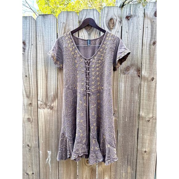 Embroidered lace-up mini dress Brown cocoa Boho Festival Forest - Picture 7 of 9